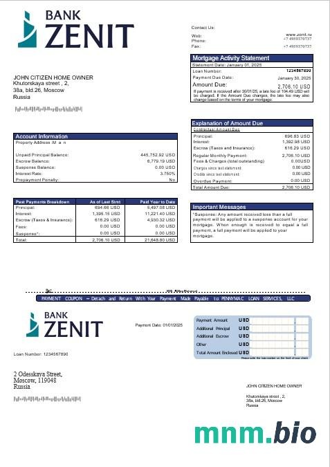 Rosja Zenit Bank wyciąg z kredytu hipotecznego w formatach Word i PDF